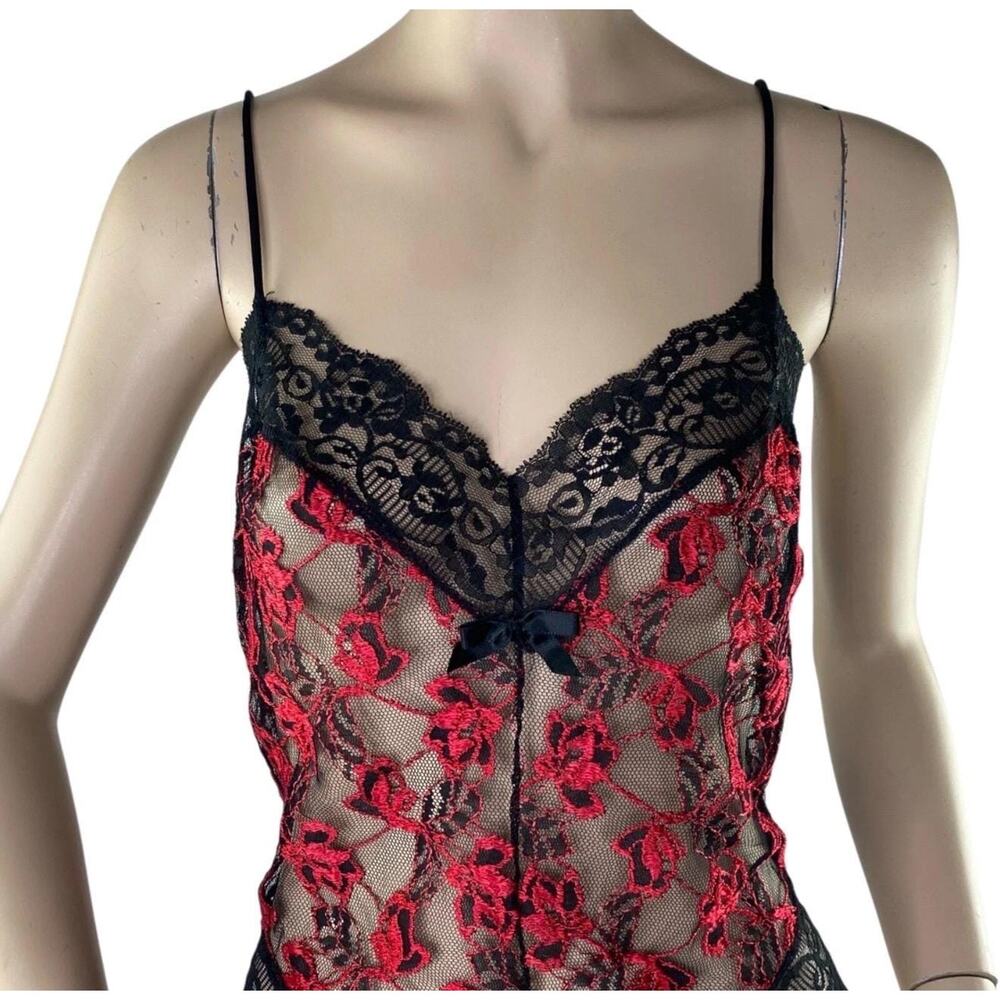 Vintage Nan Flower Black Red Lace Teddy Bodysuit 1980s Nylon Large - Picture 4 of 8